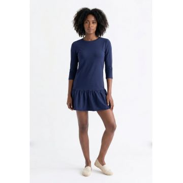 Rochie casual mini evazata cu decolteu rotund si maneci 3/4 - din bumbac - fara inchidere - M1374 - Bleumarin