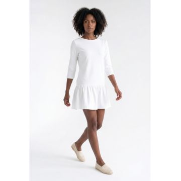 Rochie casual mini evazata cu decolteu rotund si maneci 3/4 - din bumbac - fara inchidere - M1374 - Ecru