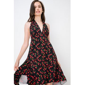 Rochie cu decolteu halter si imprimeu - Negru/Rosu cireasa