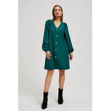 Rochie cu Maneci Tip Puff si Butoane Decorative in Smarald - Verde
