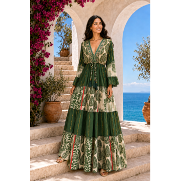 Rochie din vascoza boho verde cu imprimeu etnic si detalii brodate