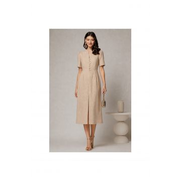 Rochie DY Fashion bej de zi de vara cu maneci scurte si nasturi la bust
