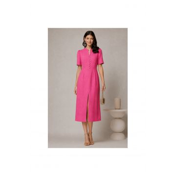 Rochie DY Fashion fucsia de zi de vara cu maneci scurte si nasturi la bust