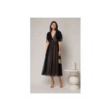 Rochie DY Fashion midi neagra din tull cu buline si funde ample pe umeri