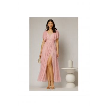 Rochie DY Fashion midi roz din tull cu buline si funde ample pe umeri