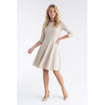 Rochie eleganta midi cu decolteu rotund - maneca 3/4 - croi regular si inchidere la spate - M1341 - Bej