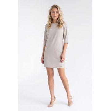 Rochie eleganta midi - cu decolteu rotund - maneca 3/4 - croiala dreapta - cu fermoar si buzunare - M1350 - Bej