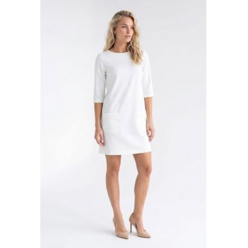 Rochie eleganta midi - cu decolteu rotund - maneca 3/4 - croiala dreapta - cu fermoar si buzunare - M1350 - Ecru