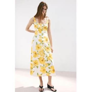 Rochie evazata cu model floral - Galben/Verde pal/Alb optic