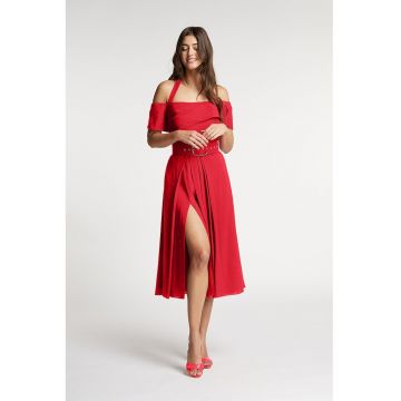 Rochie evazata din amestec de in cu slit lateral adanc Chimera - Rosu