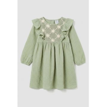 Rochie evazata din bumbac cu aplicatii cu volan - Verde pal