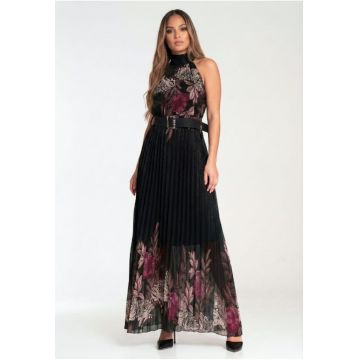 Rochie lunga  plisata - imprimeu floral si animal print - neagra