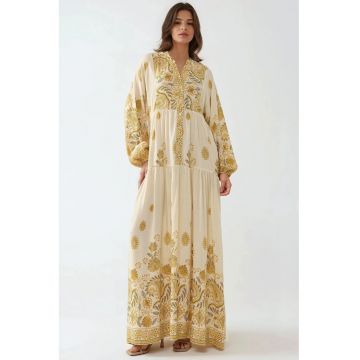 Rochie maxi -  decolteu in V - material textil - Galben lamaie - Galben lamaie