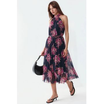 Rochie Maxi  Florala cu Detaliu Snur - Multicolor - Poliester