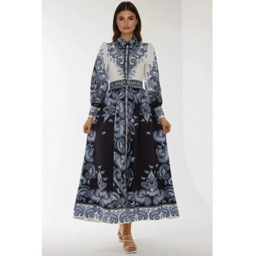Rochie maxi  maneca lunga - imprimeu - Bleumarin