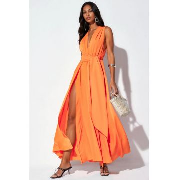 Rochie Maxi -  mulata - portocalie - poliester cu lycra - fara maneci - decolteu in V - cu crapatura