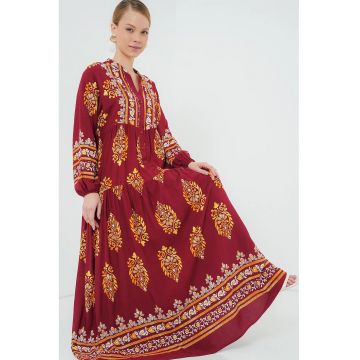 Rochie maxi viscoza - cu imprimeu - Rosu inchis
