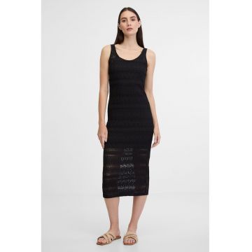Rochie midi cu perforatii si decolteu rotund - Negru