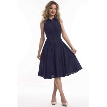 Rochie midi de in cu croiala evazata Valeria - Albastru ultramarin