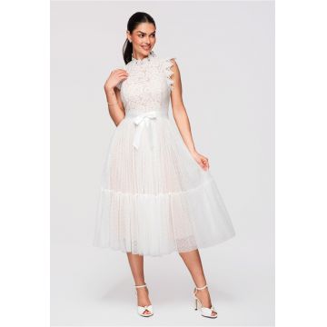 Rochie Midi Eleganta cu Dantela Florala si Croi Cloche pentru Evenimente Speciale - Alb
