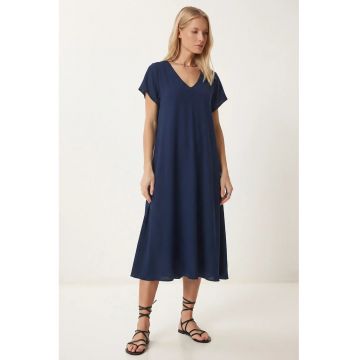 Rochie Midi - Happiness Istanbul - A-line - Albastru Marin - Viscoza cu Elastan