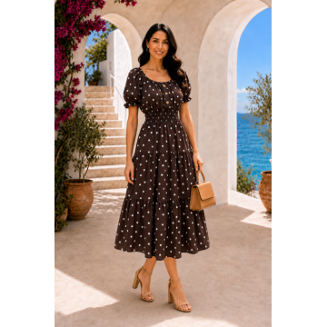 Rochie midi maro de vara imprimata cu buline