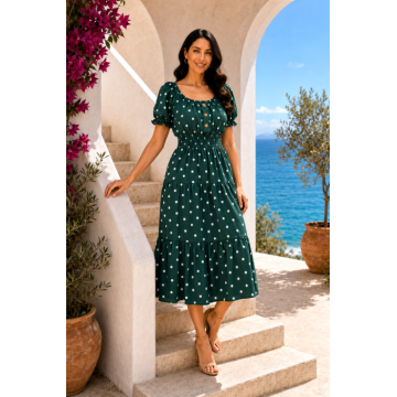 Rochie midi verde de vara imprimata cu buline