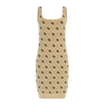 Rochie tricotata cu decolteu patrat si logo - Negru/Maro nisip