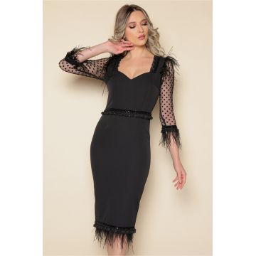 Rochie MBG neagra cu maneci din tull si pene aplicate