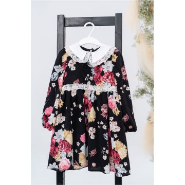 Rochita pentru fetite Dy Fashion neagra cu guler si imprimeu floral