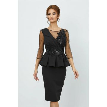 Rochie MBG neagra cu broderie si peplum