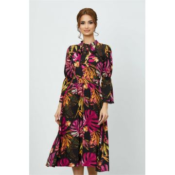 Rochie Moze neagra cu imprimeuri florale fucsia