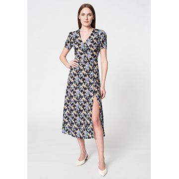 Rochie midi evazata cu decolteu in V si imprimeu floral