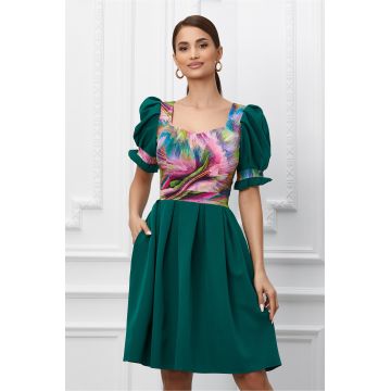 Rochie Ella Collection Felicia verde cu imprimeu colorat la bust