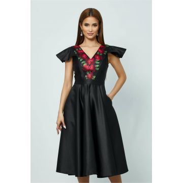 Rochie Moze neagra din tafta cu imprimeu la bust