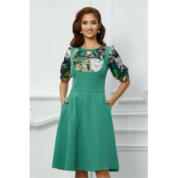 Rochie Moze verde mint cu imprimeu floral pe maneci si bust