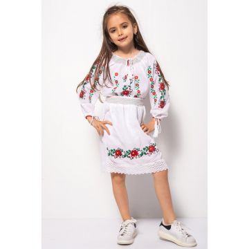 Compleu Traditional din Bumbac Alb cu Broderie Florala Colorata 0-1 Ani (68-78cm)