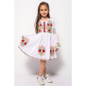 Rochie Traditionala din Bumbac Alb cu Broderie Florala si Maneci Evazate