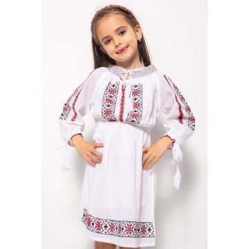 Rochie Traditionala din Bumbac Alb cu Broderie si Elastic in Talie