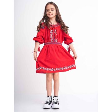 Rochie fetite tip ie din bumbac rosu cu model traditional 7-8 Ani (117-122cm)