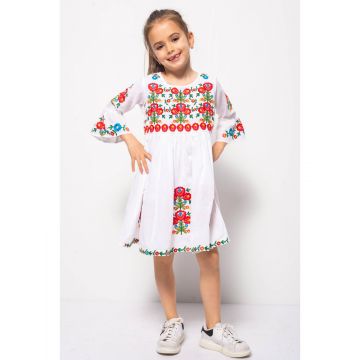 Rochie Traditionala din Bumbac Alb cu Broderie Forala 2-3 Ani (86-94cm)