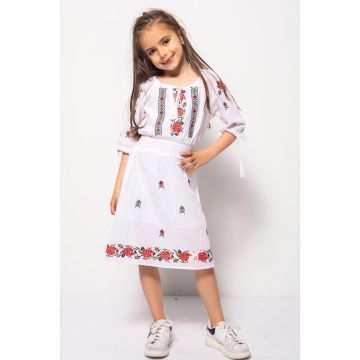 Rochie Traditionala din Bumbac Alb cu Broderie si Banda Elastica in Talie 2-3 Ani (86-94cm)