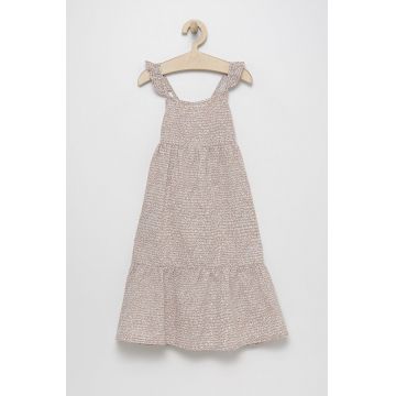 United Colors of Benetton rochie din in pentru copii culoarea bej, midi, evazati