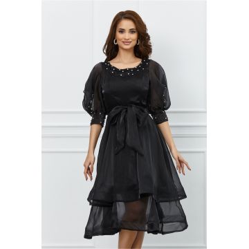 Rochie Cleo neagra cu pietricele si maneci scurte despicate