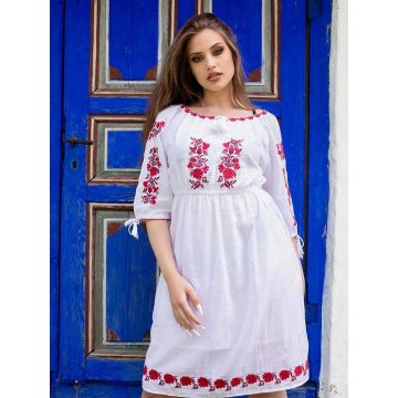 Rochie Traditionala Marimi Mari Alb din Bumbac Midi tip ie cu broderie 21