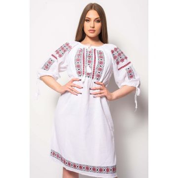 Rochie Traditionala Marimi Mari Din Bumbac Alb cu Model 7862