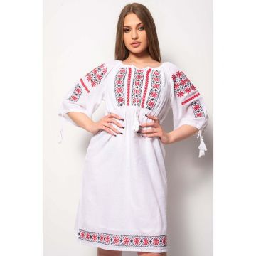 Rochie Traditionala Marimi Mari din Bumbac Alb cu Model 7863