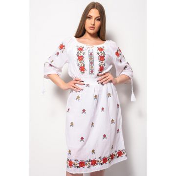 Rochie dama marimi mari tip ie din bumbac alb cu model traditional 7864