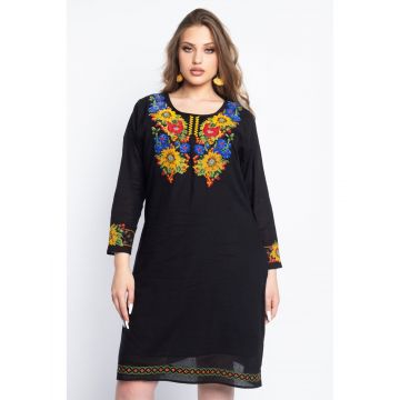 Rochie dama tip ie marimi mari neagra din bumbac cu model traditional colorat 8202