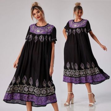 Rochie lunga cu imprimeu mov si broderie - Lavinia 03